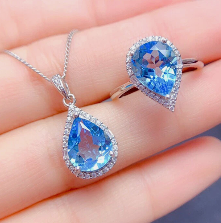 2pc Jewelry Set Blue Sapphire Topaz Gemstone Silver Women Charm Pendants Rings