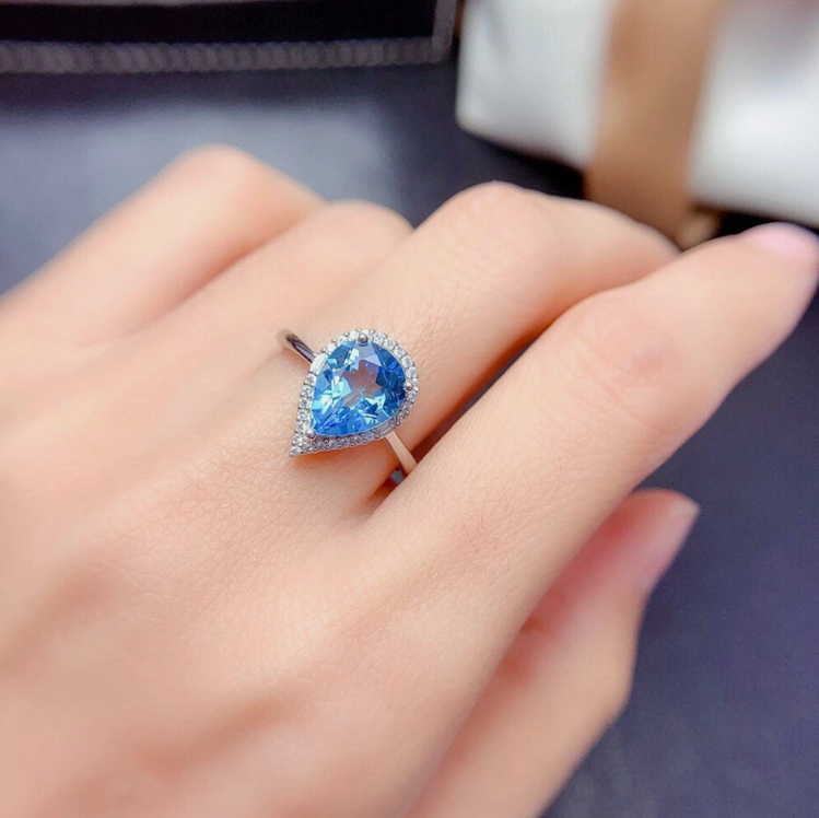 2pc Jewelry Set Blue Sapphire Topaz Gemstone Silver Women Charm Pendants Rings