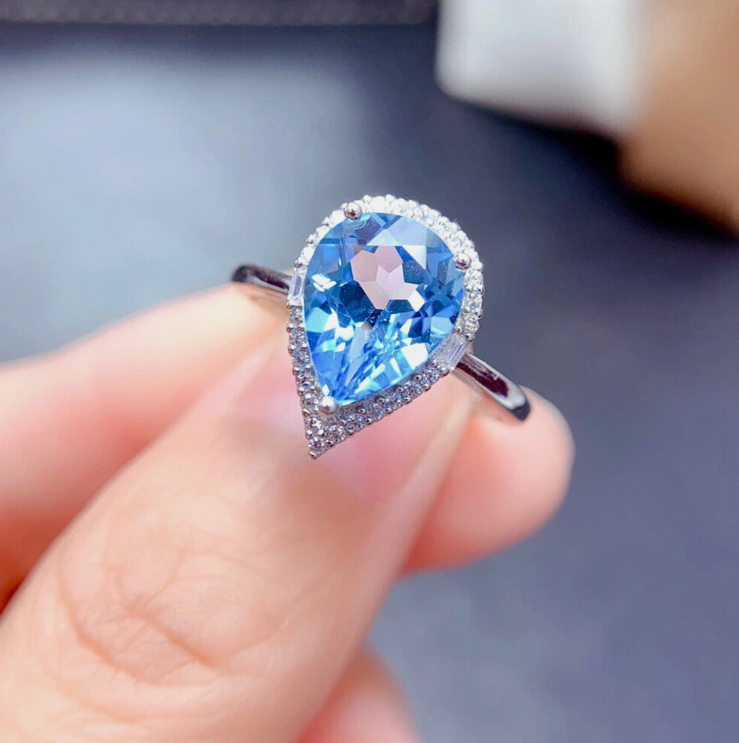 2pc Jewelry Set Blue Sapphire Topaz Gemstone Silver Women Charm Pendants Rings