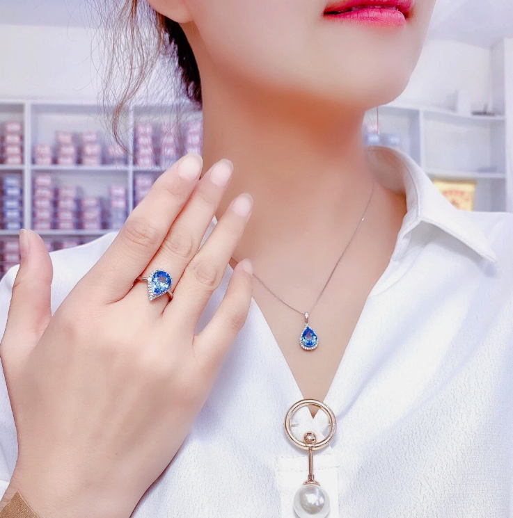 2pc Jewelry Set Blue Sapphire Topaz Gemstone Silver Women Charm Pendants Rings